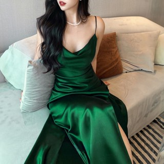  Váy lụa cổ đổ maxi vạt xẻ chéo dáng dài thanh lịch váy dự tiệc du lịch S01 - LIA 