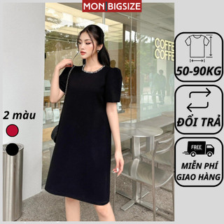 Váy bigsize nữ đầm dự tiệc đi chơi kiểu cổ tròn viền đá dáng suông vải tuyết mưa mêm mịn MON big size 50 - 90kg