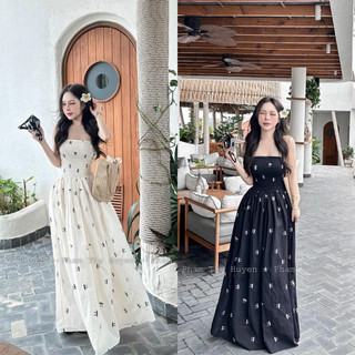 [V1.677] Váy Maxi Chun Ngực Hoạ Tiết Nơ Dáng Dài 2 Màu Siêu Xinh