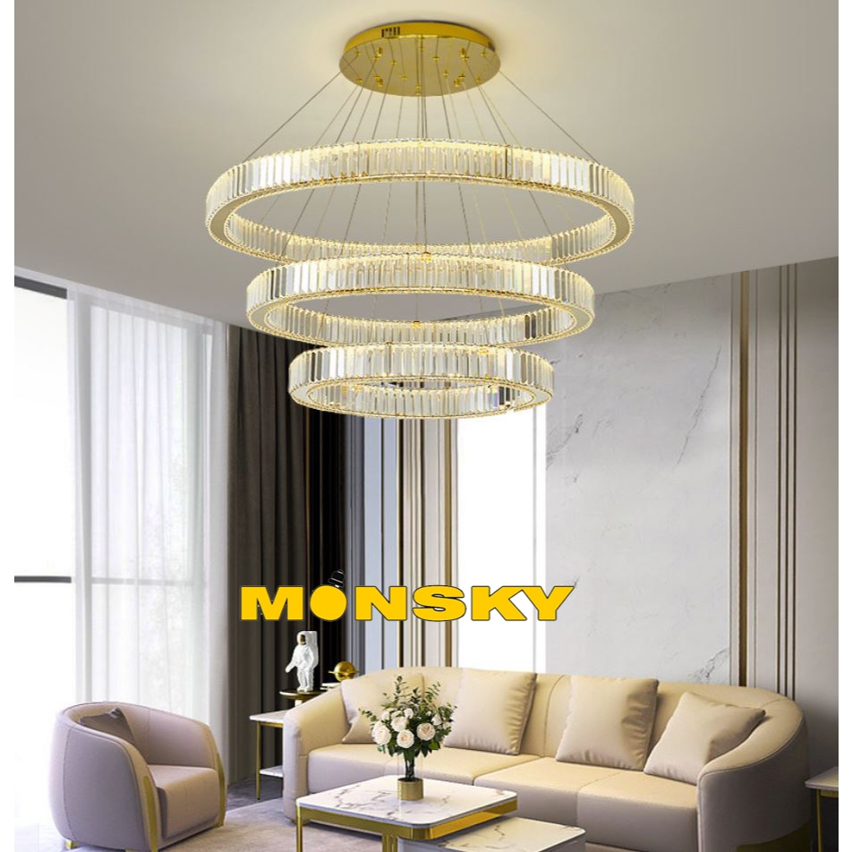 Đèn thả pha lê MONSKY NIAN 3 vòng đế mạ vàng tĩnh điện hiện đại trang trí nội thất cao cấp, sang trọng.