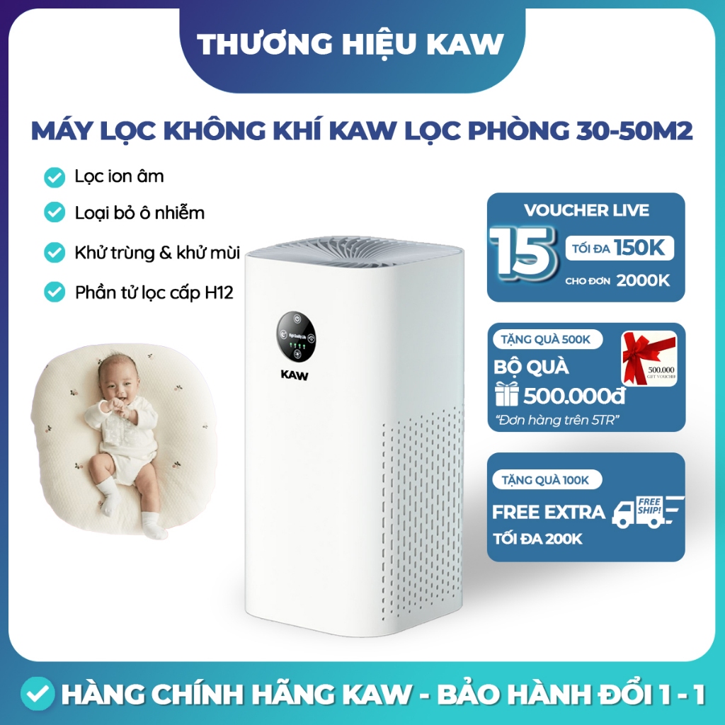 Máy Lọc Không Khí KAW Lọc Phòng 15m2 - 50m2 Loại Bỏ Bụi Mịn Khói Độc Gây Hại Cho Sức Khỏe, Tạo Ion Cân Bằng Không Khí