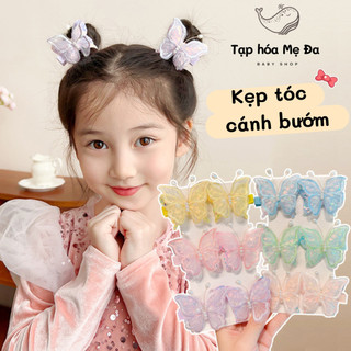 Set 2 kẹp tóc bọc vải thêu hình cánh bướm màu pastel phong cách Hàn Quốc không đau tóc cho bé