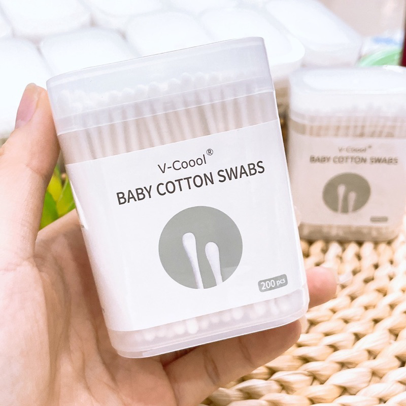 Tăm bông V-Coool cho bé và gia đình hộp 200 que thân giấy cao cấp hai đầu tròn và dẹt