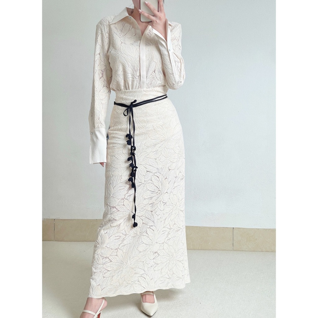 Áo Ren Mềm Tay Dài Cổ Đức, Chân Váy Ren Dài Nữ WHITE ANT Phom Cơ Bản Hàng Thiết Kế Cao Cấp