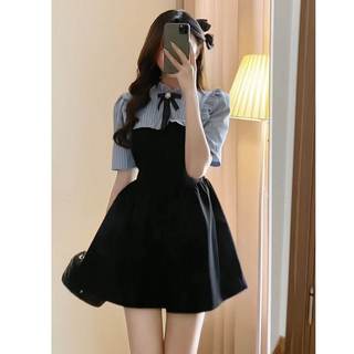 Váy sơ mi kẻ xanh kèm nơ tay ngắn dáng xòe tiểu thư CHANGSTORE - V56