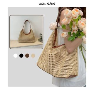 Túi cói dệt đeo vai quai da to  vintage có cúc bấm đi biển  du lịch phong cách Hàn Quốc  Gọn Gàng