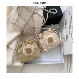Túi cói mini đi biển nhỏ gọn đựng điện thoại họa tiết hoa cúc to có dây rút thời trang Gọn Gàng