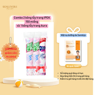 Muacombo 2 bông tẩy trang ipek siêu mềm mịn 150 miếng +1 bông tẩy trang aura 120+30 miếng tặng 1 mặt nạ sambijo dưỡng da