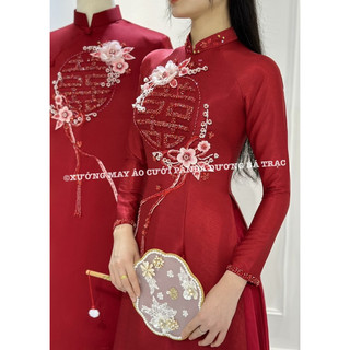 [SẴN NAM BIGSIZE SHIP LIỀN] CẶP ÁO DÀI NAM TAFTA NỮ LỤA ĐỎ 4 TÀ THÊU KẾT HOA VÀ CHỮ HỶ CAO CẤP ĐI TIỆC, CƯỚI, ĐÁM HỎI