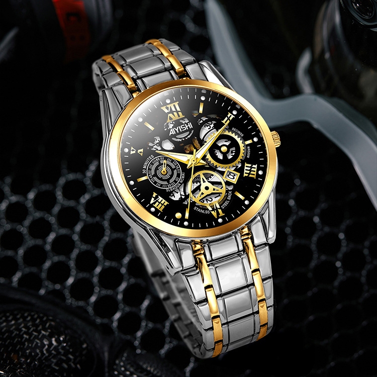 Đồng hồ nam dây thép cao cấp AIYISHI sang trọng lộ máy có lịch ngày chính hãng P202 CARIENT