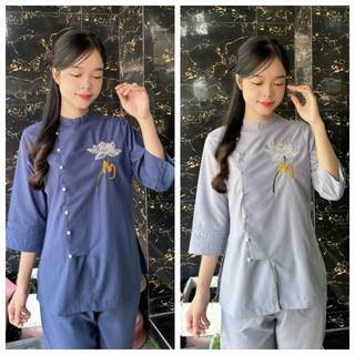 Áo Lam đi chùa thêu sen siêu đẹp vải kate, tixi