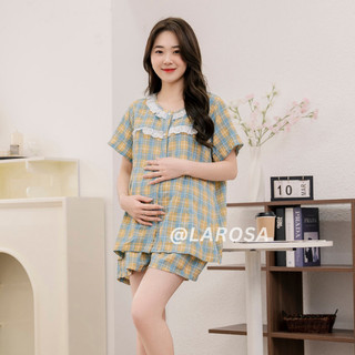 Bộ Đồ Bầu Cổ Ren Mẫu Mới Mùa Hè 2024 Larosa Mặc Nhà Và Sau Sinh Vải Caro Labee Cao Cấp - LS017B