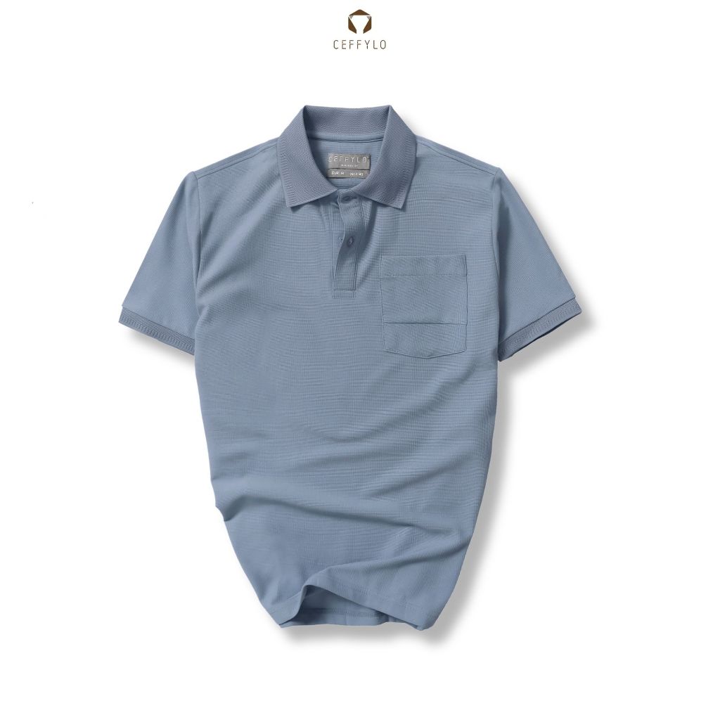 Áo polo nam CEFFYLO With Pocket màu xanh đá chất cotton thoáng khí mềm mại co giãn hạn chế nhăn thời trang nam