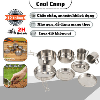 Bộ Nồi Gấp Gọn 8 Món Dã Ngoại Cắm Trại Inox 410 Không Gỉ, Bộ Nồi Camping Nhỏ Gọn Du Lịch, Trekking.