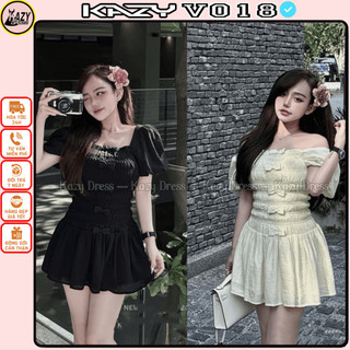 Váy tơ rúm eo tay bồng đính nơ cực xinh, Đầm ôm body siêu sang V018 KAZYDRESS