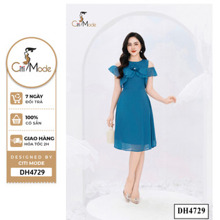 Đầm công sở CITI MODE FASHION thiết kế dáng xòe tơ xanh bèo ngực đính hoa DH4729