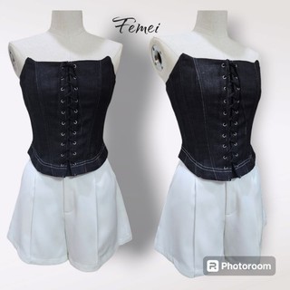 femei - Áo corset jean cúp ngực có gọng định hình