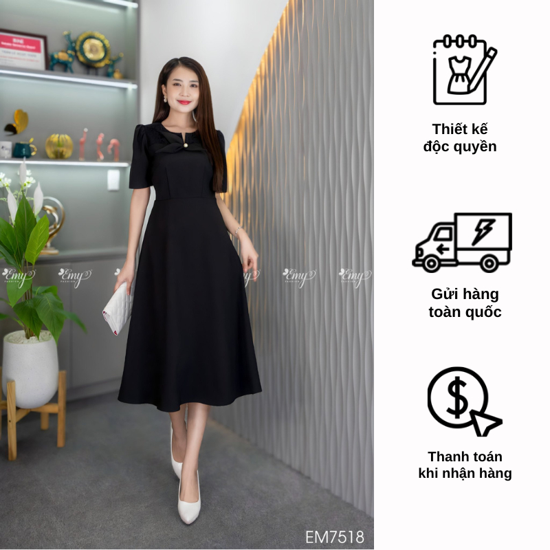 Đầm EMY EM7518 Xoè Đen Phối Ren Cổ