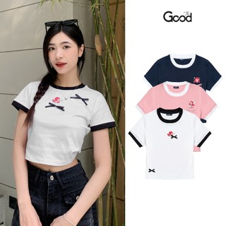Áo Baby Tee "Tiên Cá Chibi" THE GOOD bo phối màu, Áo Thun chất liệu Cotton co giãn in họa tiết, tặng kèm nơ
