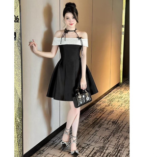 Đầm dự tiệc trễ vai đính nơ bướm dáng ngắn form xòe ôm eo vải tafta sang trọng tiểu thư đi cưới thiết kế DELIZ STUDIO