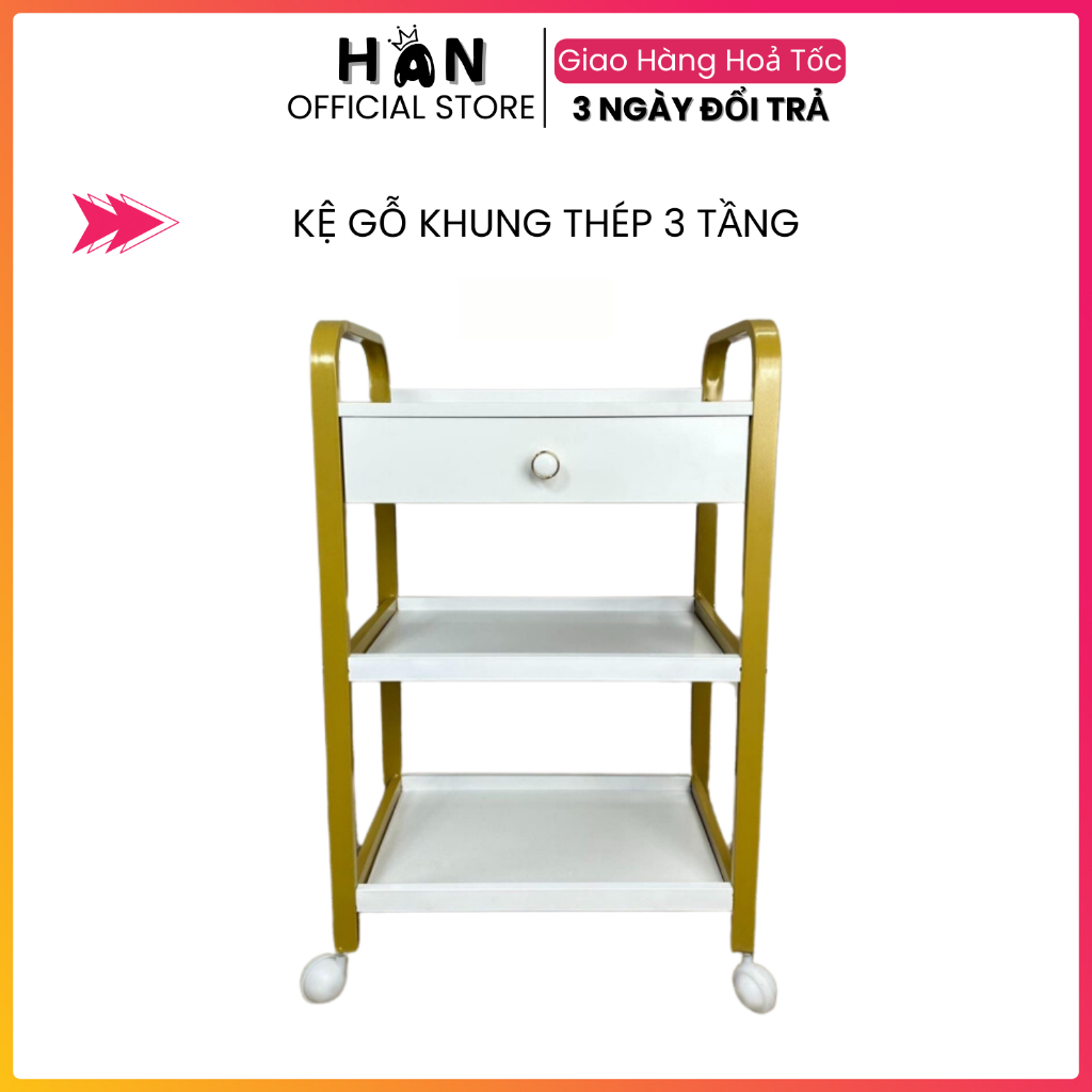 Xe Đẩy Gỗ 3 Tầng Khung Thép Có Ngăn Kéo Gỗ | Kệ Đựng Đồ Khung Ionx Chắc Chắn Dùng Cho Spa Thẩm Mỹ.