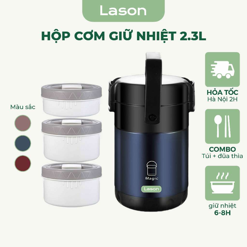 Hộp cơm giữ nhiệt Lason Magic 2300ml, cà men đựng cơm, cặp lồng ủ nóng giữ nhiệt 8-12 tiếng HC-GN07