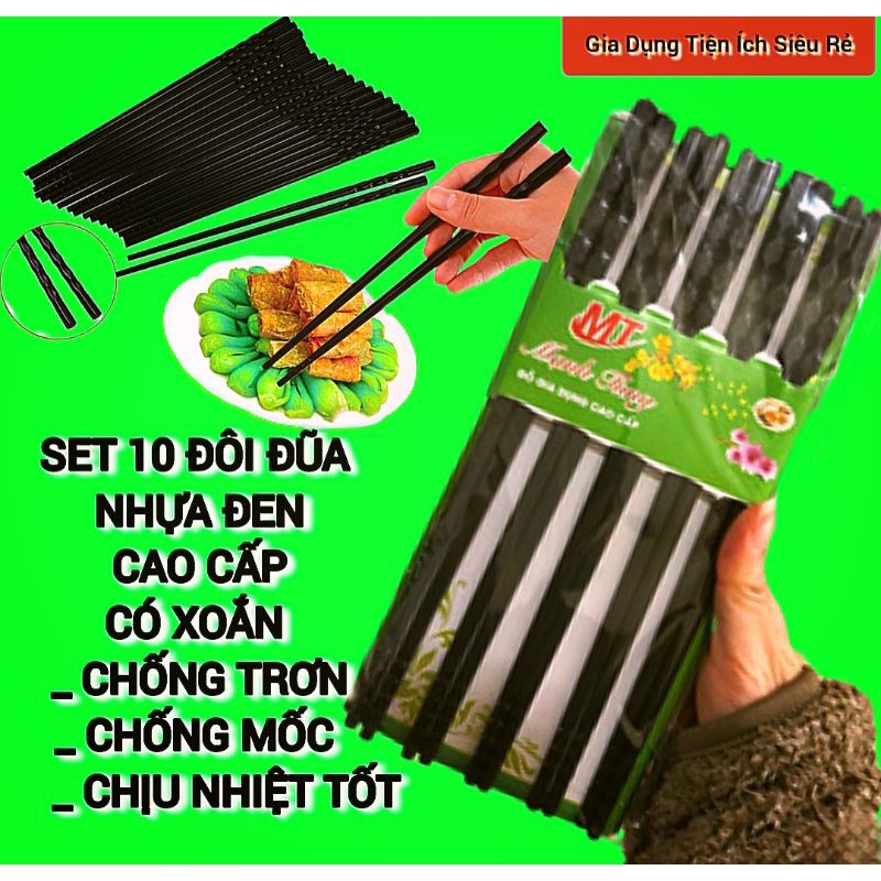 Đũa,(set 10 đôi)đũa nhựa ăn cơm, Đũa nhựa nhật, đũa nhựa đen xoắn, đạt chỉ tiêu kháng khuẩn, chống t