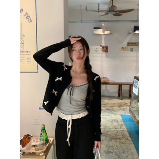 Áo Khoác Cardigan Đen Nơ Nút Cài (sẵn)