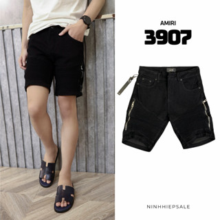  Quần short bò nam đen Amiri phối chun đùi có khóa dọc quần chất vải denim dày dặn co dãn thoải mái 3907 