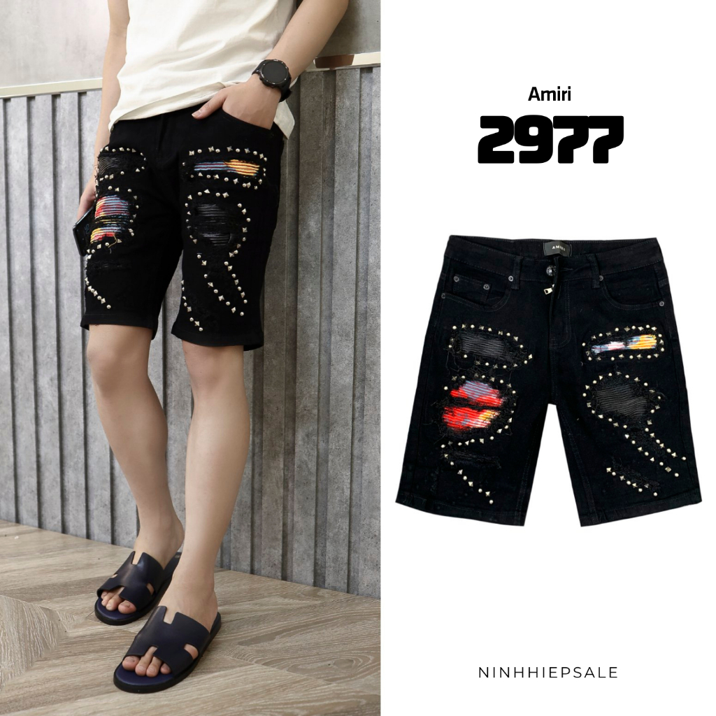  Quần sooc jeans nam Amiri đen vá đùi đính đá chất co dãn hàng Quảng Châu Quần short nam boy phố đính đá dáng ôm 2977 