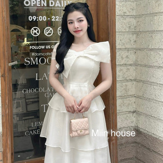 váy trễ vai nơ ngực 3 tầng