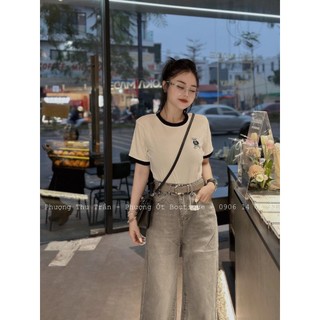 Áo nữ cộc tay mùa hè, áo thun tăm co giãn thêu hình gấu
