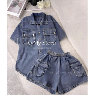 Set jean áo form rộng quần đùi chất jean dày dặn