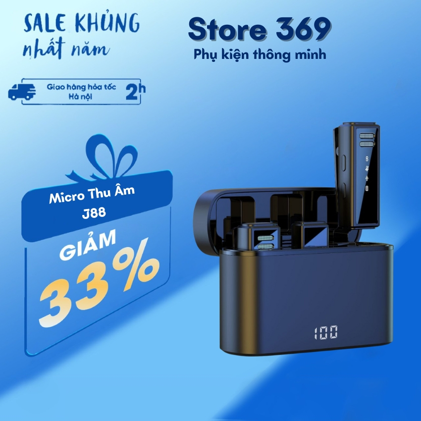 Micro thu âm cài áo không dây J88 kèm hộp sạc,khử tạp âm hiệu quả, sử dụng cho quay video, livestream,ghi âm
