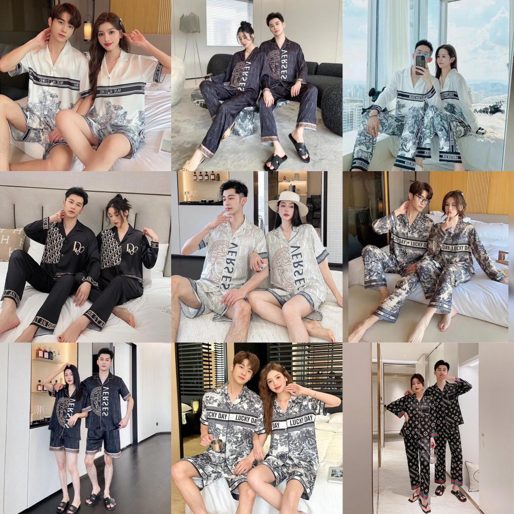 Bộ đồ ngủ lụa xước trắng phối cảnh vẽ thủy mặc Pijama Bigbang luxury cộc tay dành cho cặp đôi cao cấp