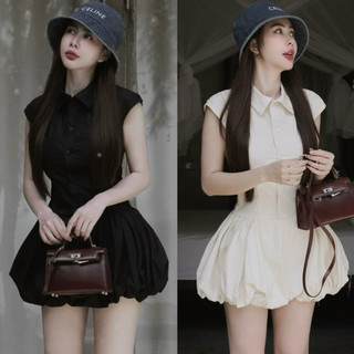 váy cổ bẻ phồng chân kèm quần đùi siêu đẹp