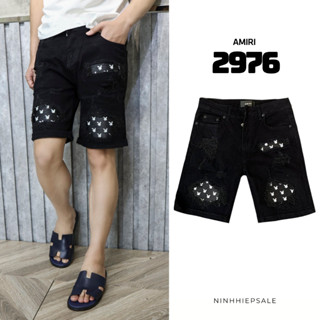 Quần short bò nam Amiri vá da in họa tiết, quần sooc bò đen Amiri vá da mềm hàng Quảng Châu 2976