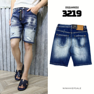 Quần sooc bò, quần short jeans nam Dsquared2 xanh mài đùi vảy sơn trắng phối khóa dọc quần hàng Quảng Châu 3219