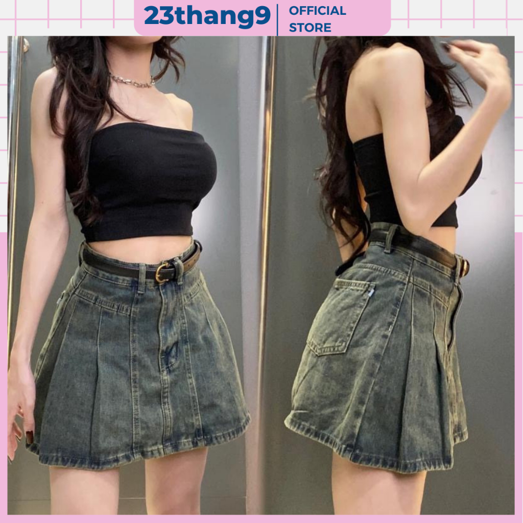 Chân váy jean , chân váy bò xếp ly lưng cao dáng chữ a ngắn màu xanh kèm quần trong basic phong cách hàn quốc 23thang9
