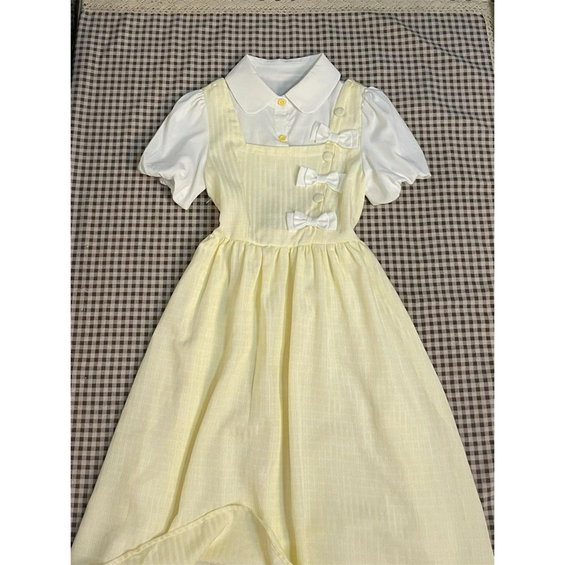 Váy Dáng Yếm 2 Lớp Đính Nơ Phối Liền Áo Sơmi Phong Cách Nữ Nhẹ Nhàng