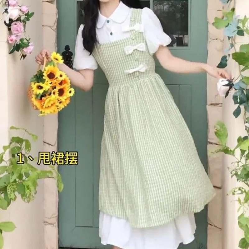 Váy Dáng Yếm 2 Lớp Đính Nơ Phối Liền Áo Sơmi Phong Cách Nữ Nhẹ Nhàng