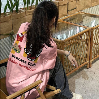 Focus local brand Màu Hồng áo phông nữ form rộng bảng mèo mcdonald in ấn cổ tròn dáng rộng áo thun 100%cotton