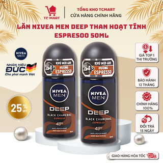 Lăn Ngăn Mùi NIVEA MEN Deep Than Đen Hương Espresso (50 ml) - Chứa than đen giúp khóa mùi cơ thể tối ưu 2in1