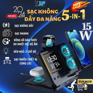 Đế Sạc Nhanh Không Dây Đa Năng 5 Trong 1, Dock Sạc Không Dây Từ Tính Điện Thoại Kiêm Đồng Hồ Báo Thức Đo Nhiệt Độ, Độ Ẩm