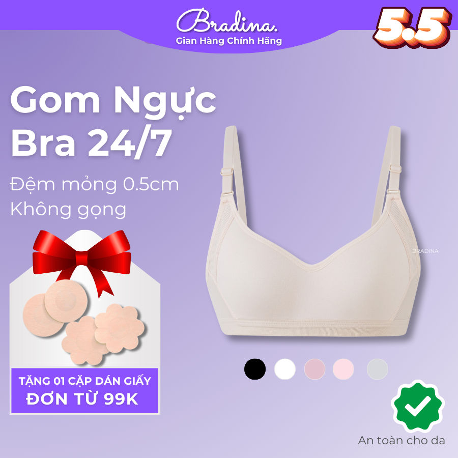 Áo lót không gọng đệm mỏng Bradina Cotton Basic, bra ôm ngực, nâng ngực nhẹ, thoáng khí tốt ALKG5