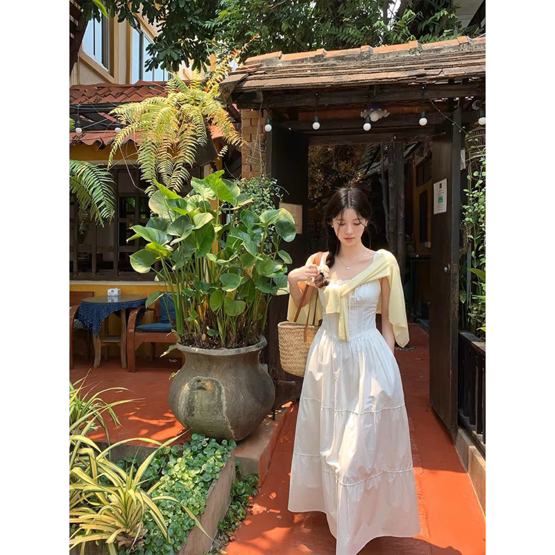 [V1.724] Váy Maxi Thô Trắng Nhúm Eo Ly Ngực Siêu Xinh (kèm ảnh thật) | BigBuy360 - bigbuy360.vn