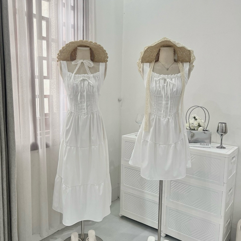 [V1.724] Váy Maxi Thô Trắng Nhúm Eo Ly Ngực Siêu Xinh (kèm ảnh thật) | BigBuy360 - bigbuy360.vn