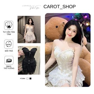 VN33 Set áo quây corset nơ ngực viền bèo phối chân váy ren tầng