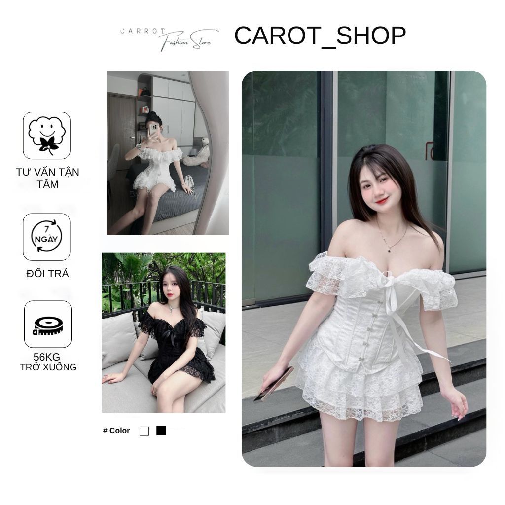 𝐕𝐍𝟏𝟑 [𝐁𝐈𝐆𝐒𝐈𝐙𝐄 + 𝐓𝐀𝐆 𝐍𝐎̛ ] Set áo corset trễ vai phối chân váy ren tầng xinh xắn by CarrotShop( có gọng định hình ) | BigBuy360 - bigbuy360.vn