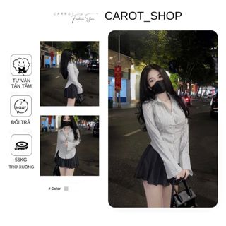 Set áo sơ mi kẻ sọc chân váy xếp ly cạp cao, set mai phương bùi